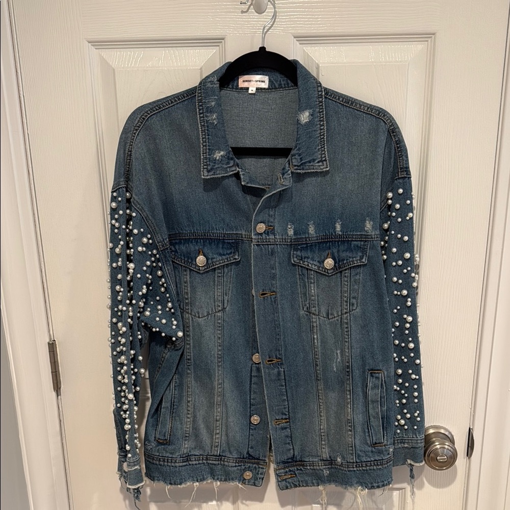 Sunset & Spring Denim Pearl Embellished Jacket